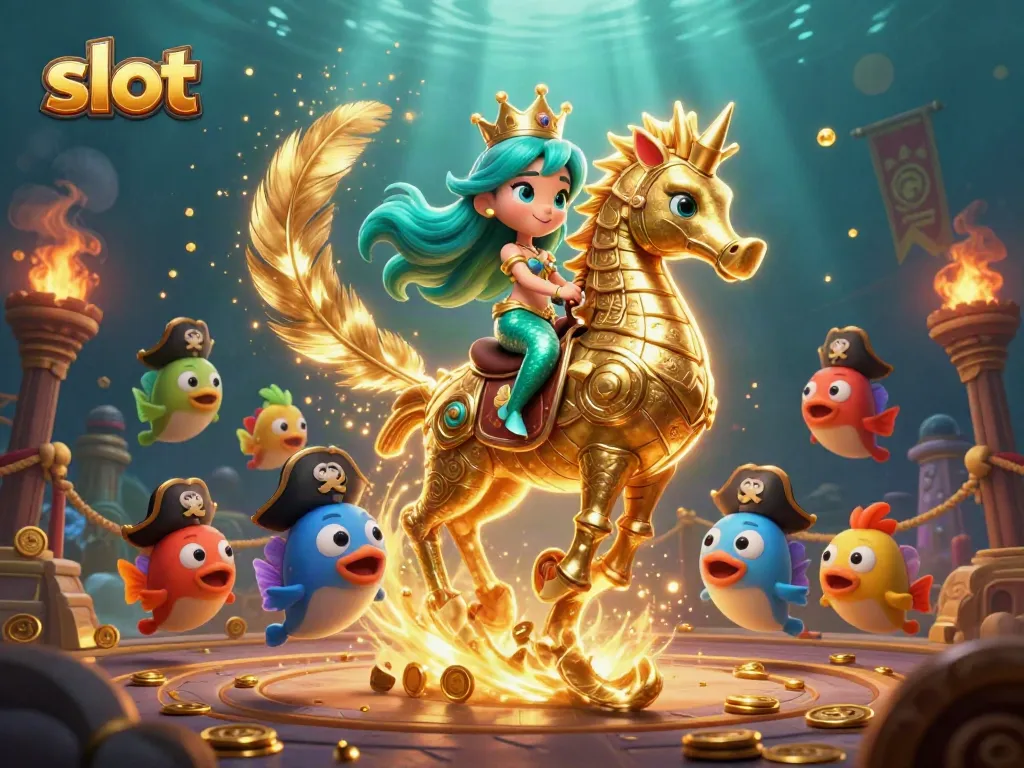 Slot menarik dengan putri duyung dan kuda laut, dikelilingi simbol jackpot.