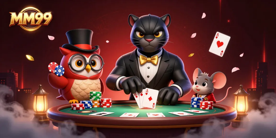 MM99 showcases a stylish panther dealing cards at a vibrant casino scene filled with poker elements.