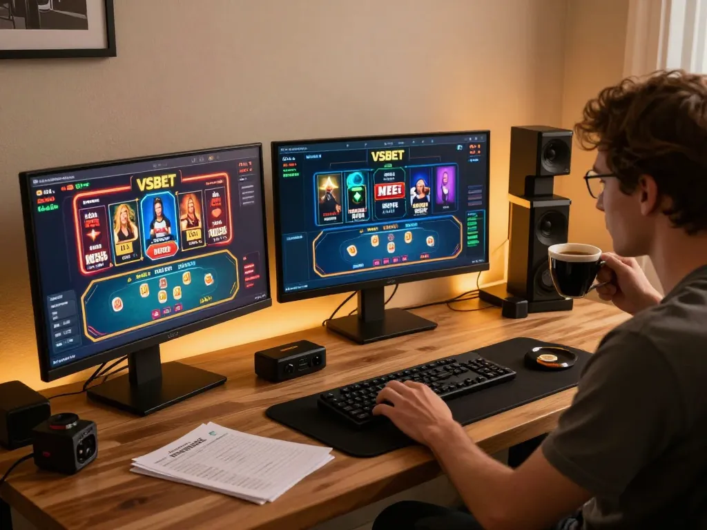 VSBET online gaming setup with multiple screens displaying various casino games.
