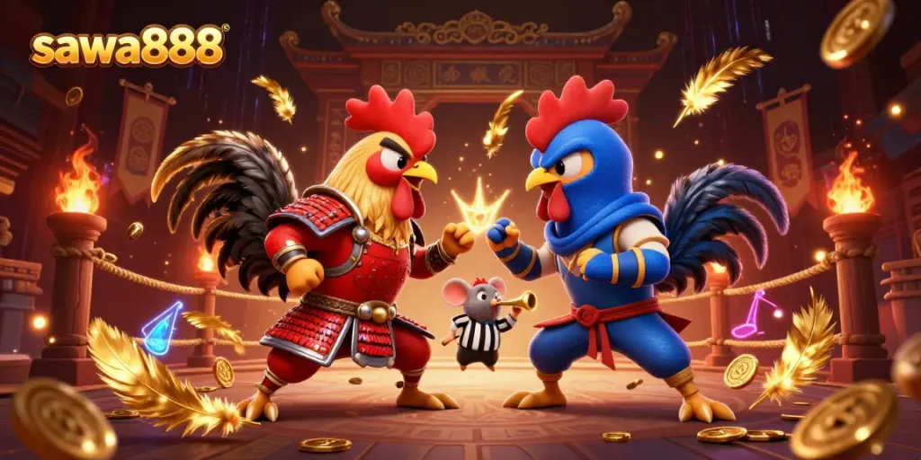 Experience thrilling gameplay with sawa888's dynamic rooster standoff in an exciting casino setting.