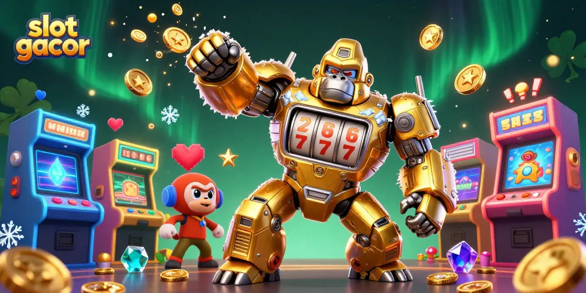 Menang di slot gacor dengan ilustrasi mesin slot dan karakter unik dalam permainan kasino.