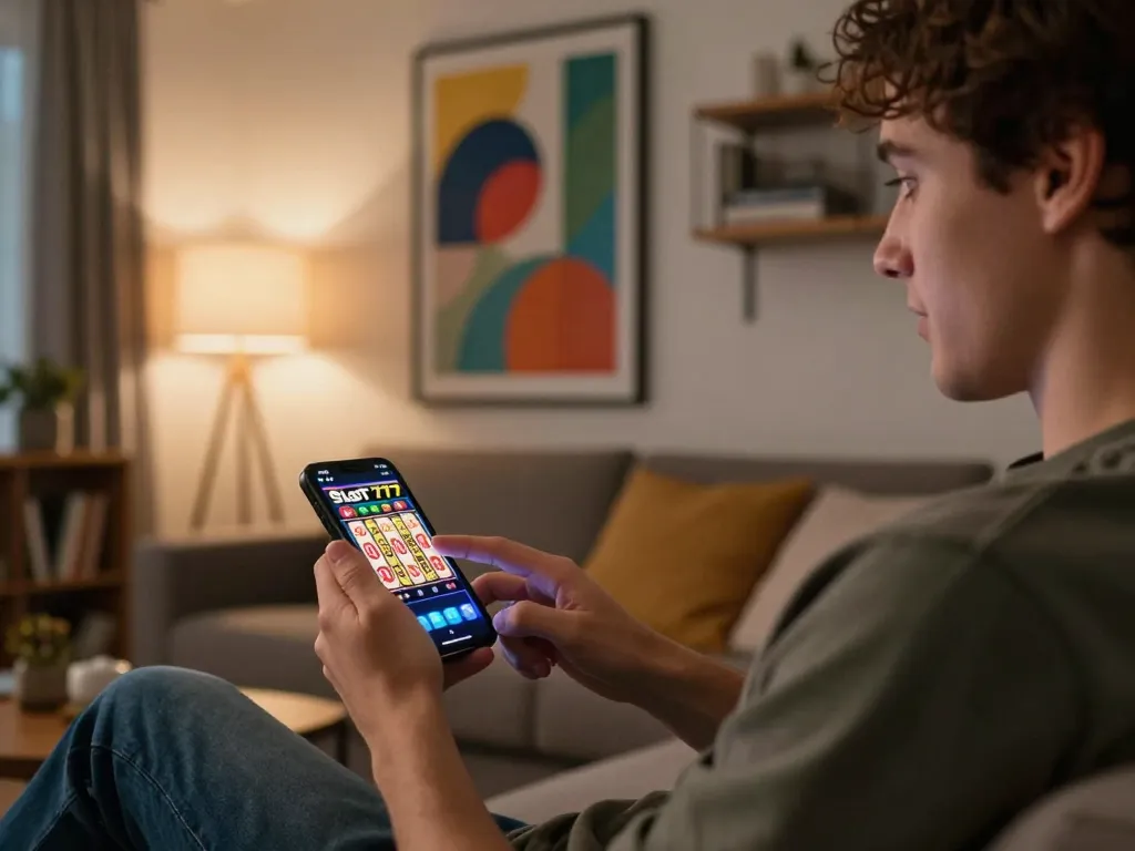 Player engaging with Slot777 mobile game on smartphone, eager for a winning combination in cozy home