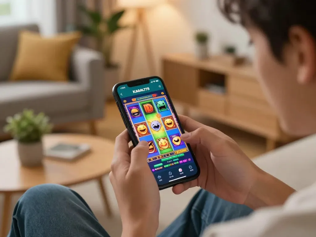 Player enjoying online gaming on KADAL778 app showcasing vibrant slot game interface.