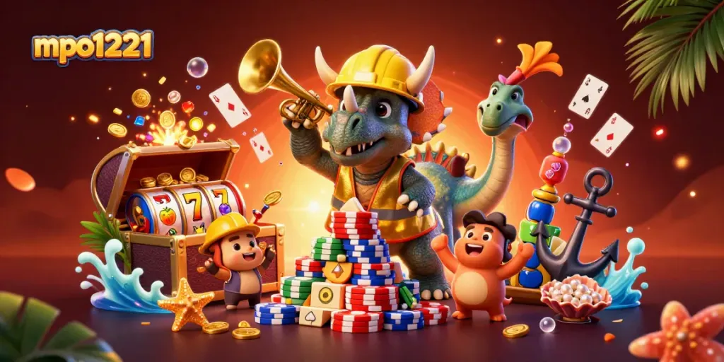 MPO1221 menunjukkan triceratops membangun piramida chip poker di dunia kasino kaya lampu dan warna.