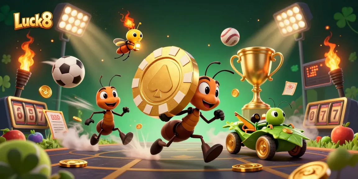 Immerse in Luck8's thrilling atmosphere as ants steal a giant poker chip amidst flying sports balls and golden elements.