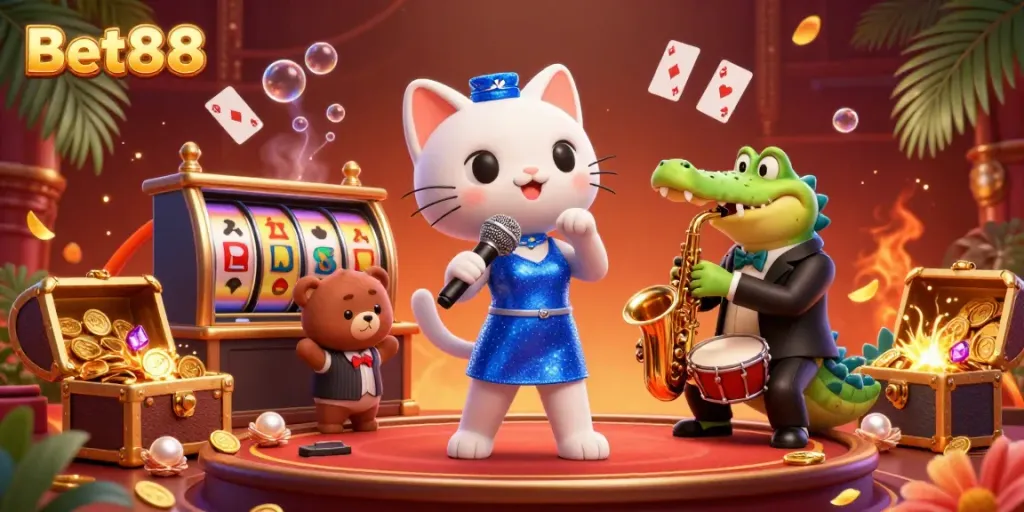Experience thrilling gaming with Bet88, featuring lively characters on a casino stage amidst vibrant slot game elements.