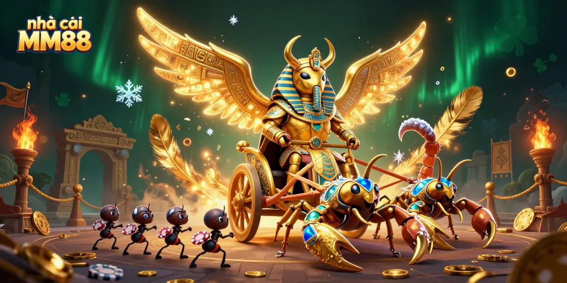 nhà cái MM88 showcases an epic 3D illustration of a golden scarab beetle in a casino-themed scene.