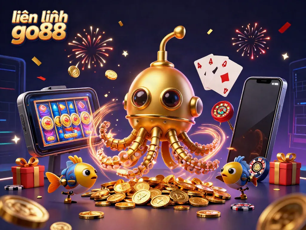 Experience thrilling gameplay with "liên hệ go88" surrounded by 3D casino elements including slot games and golden coins.