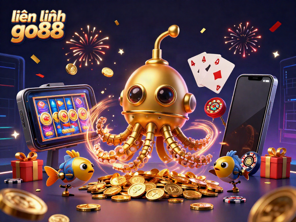 Experience thrilling gameplay with "liên hệ go88" surrounded by 3D casino elements including slot games and golden coins.