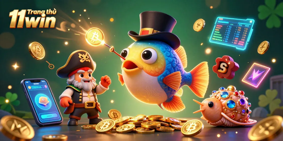 Engage with the excitement of Trang chủ 11win, showcasing a vibrant 3D underwater casino scene with animated characters and crypto elements.