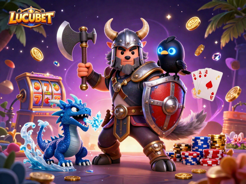 LUCUBET features a Viking wolf warrior, a dragon, and a raven in a dynamic casino scene filled with slot reels and floating coins.
