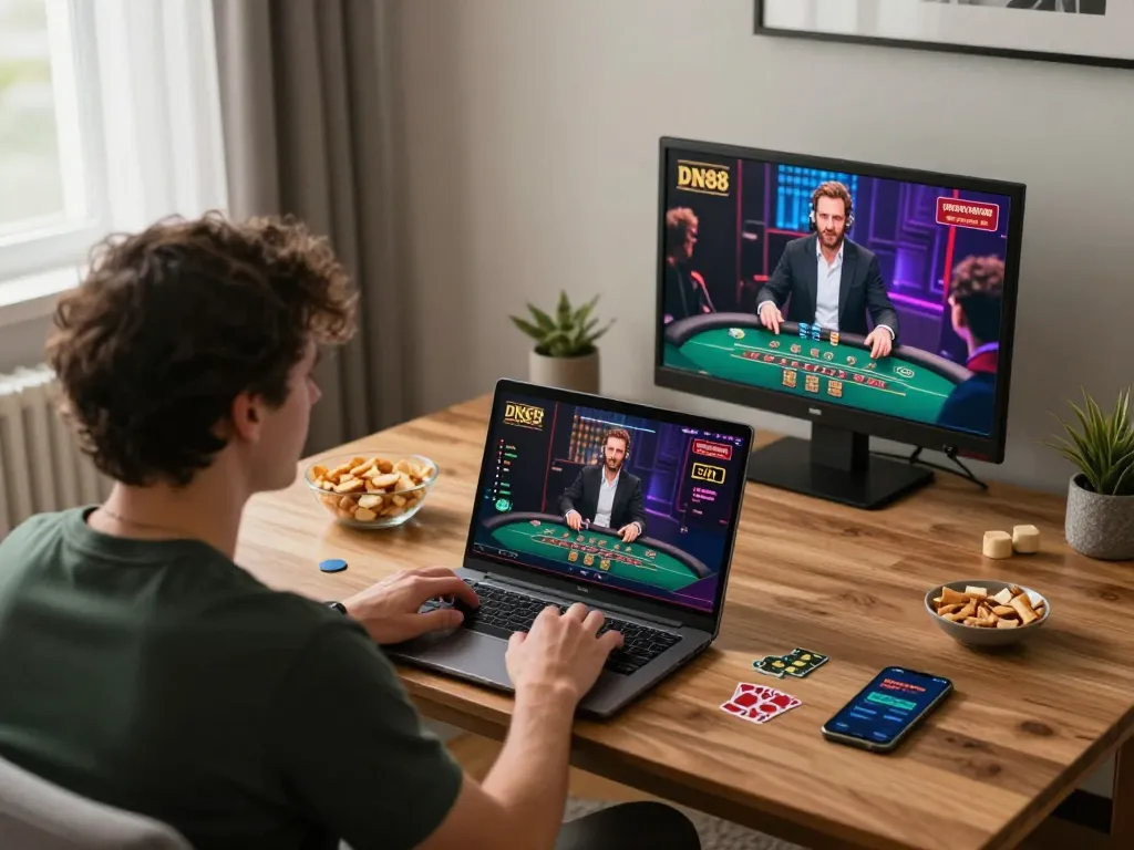 Play DN88 online live dealer blackjack game on a laptop, showcasing strategic gameplay and relaxed atmosphere