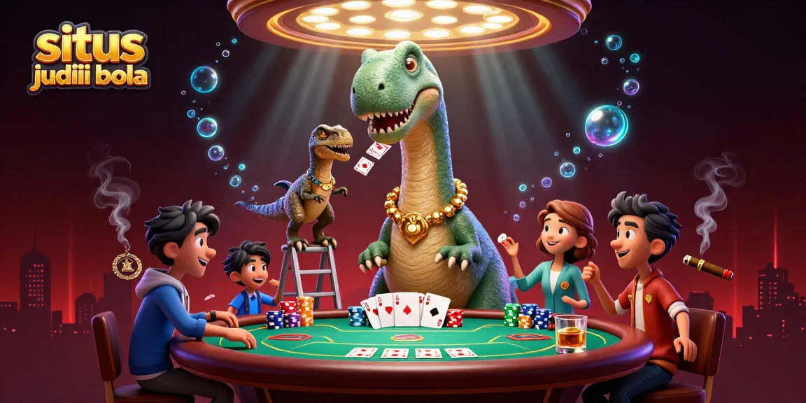 Engage with the situs judi bola scene featuring a brontosaurus and raptor in a dynamic poker table setup.