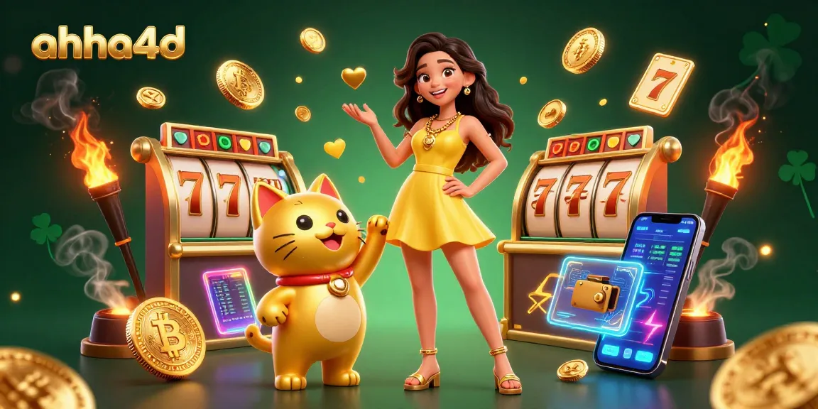 Engage with ahha4d and embrace fun slot reels while a cheerful woman interacts with a lucky cat.