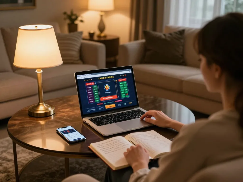 Kuwin player engaging in online casino gaming strategy at home with laptop and notebook