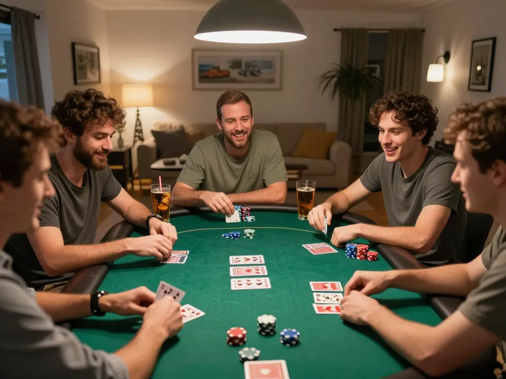 Friends enjoy a lively poker night while discussing strategies in a cozy home setting, showcasing the excitement of jamsosindonesia.