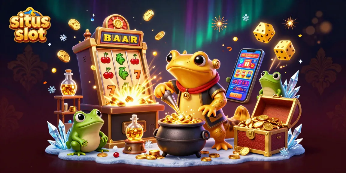 Situs slot illustration showcasing a golden salamander alchemist creating treasures amidst a jackpot explosion.
