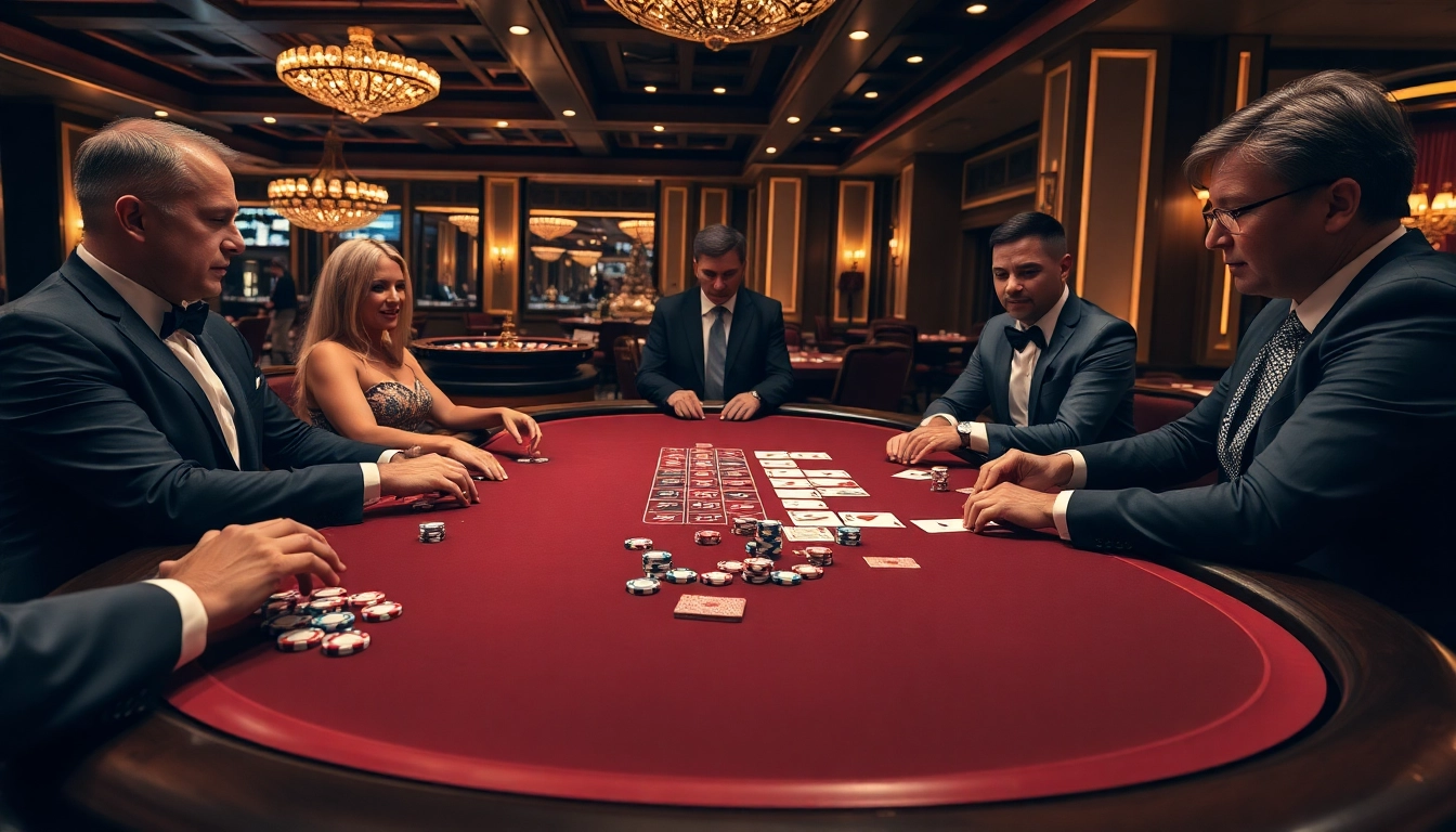 Poker action at a luxurious casino table featuring nohu with colorful chips and cards.