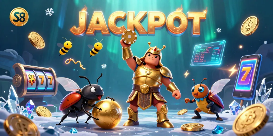 Experience big wins at S8 with a 3D cartoon beetle celebrating jackpot victory amid vibrant casino elements.