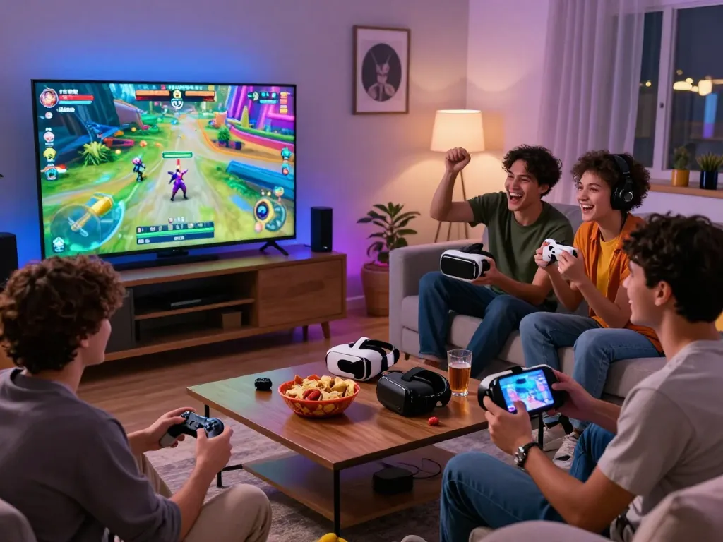 Friends enjoying online gaming experience with mantra88 link on devices in cozy living room setting.