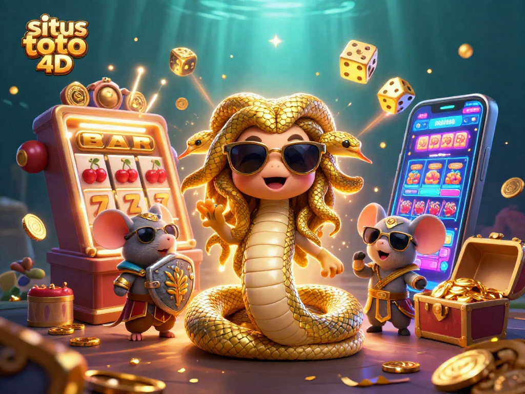 Memenangkan jackpot di situs toto 4D dengan Medusa dan petarung mouse, dikelilingi mesin slot dan koin emas.