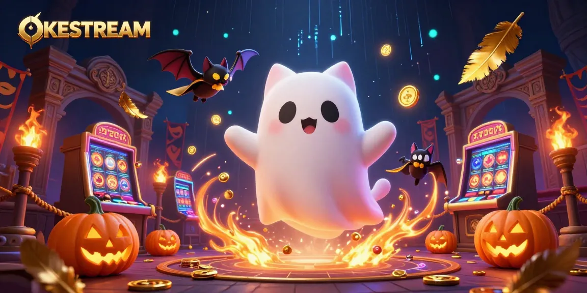 Bermain taruhan di OKESTREAM dengan hantu kucing dan simbol poker menyala di kasino yang menyeramkan.