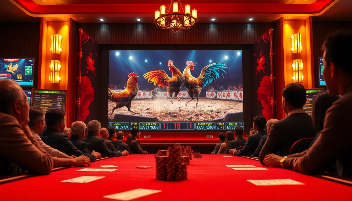 Engage with đá gà trực tiếp action dynamic scene showcasing immersive cockfighting, betting excitement, and interactive live streaming.