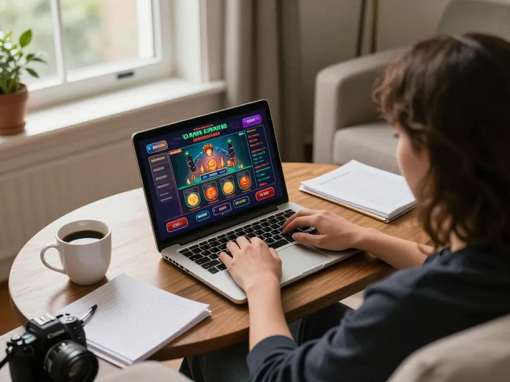 Engaged player enjoying the online casino experience on https://w188.bid/ from a cozy home setting, showcasing a laptop with game interface