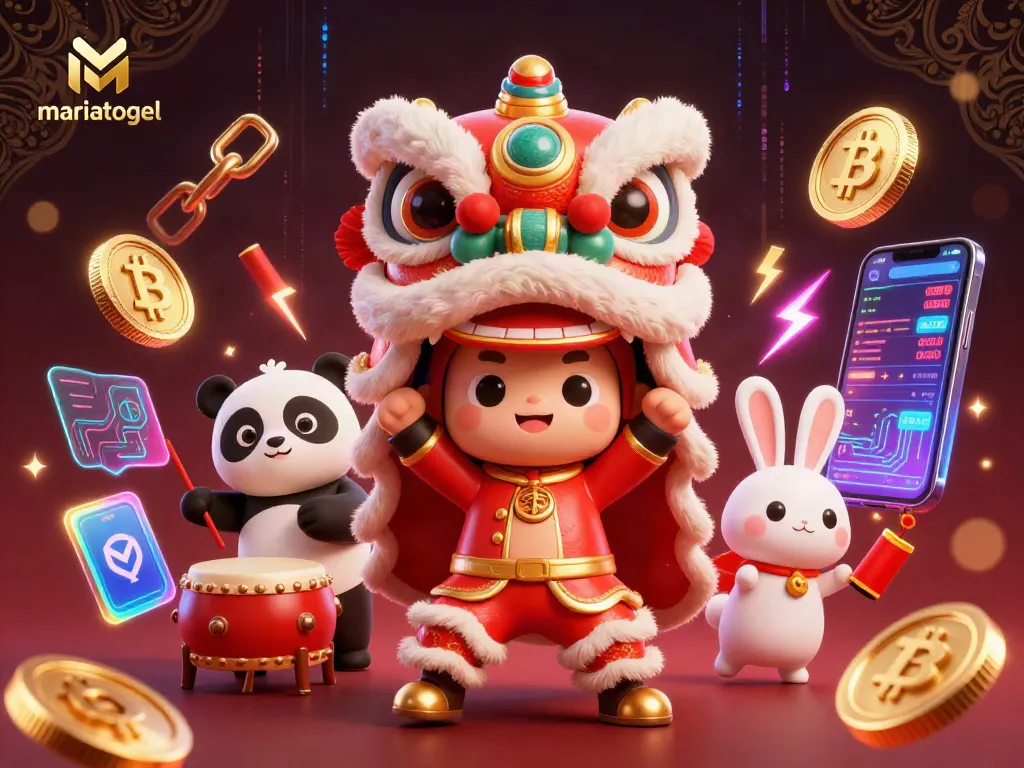 Engage with mariatogel as cute characters perform a lively lion dance, surrounded by dynamic crypto elements.