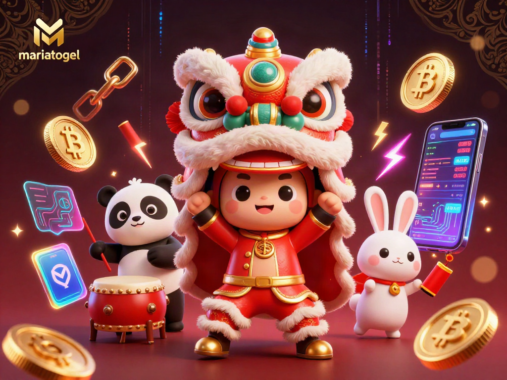 Engage with mariatogel as cute characters perform a lively lion dance, surrounded by dynamic crypto elements.
