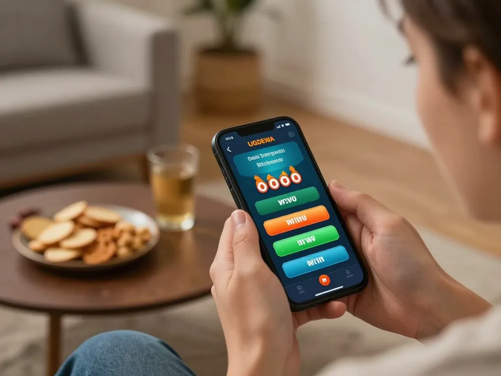 Engaging user interacts with UGDEWA app, capturing excitement of online gambling.