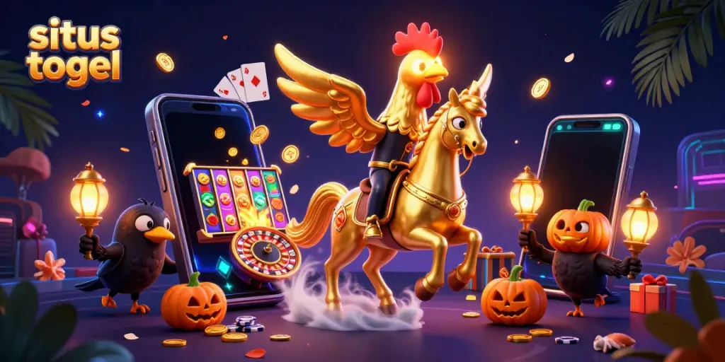Experience thrilling situs togel action with a golden rooster and spectral horse in a vibrant casino.