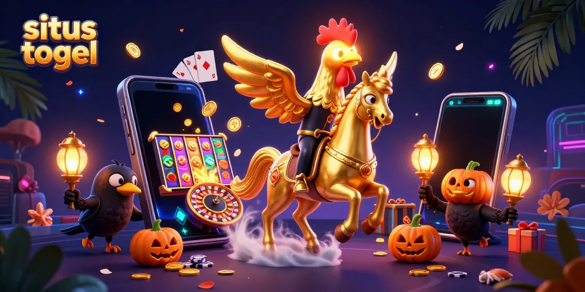 Experience thrilling situs togel action with a golden rooster and spectral horse in a vibrant casino.