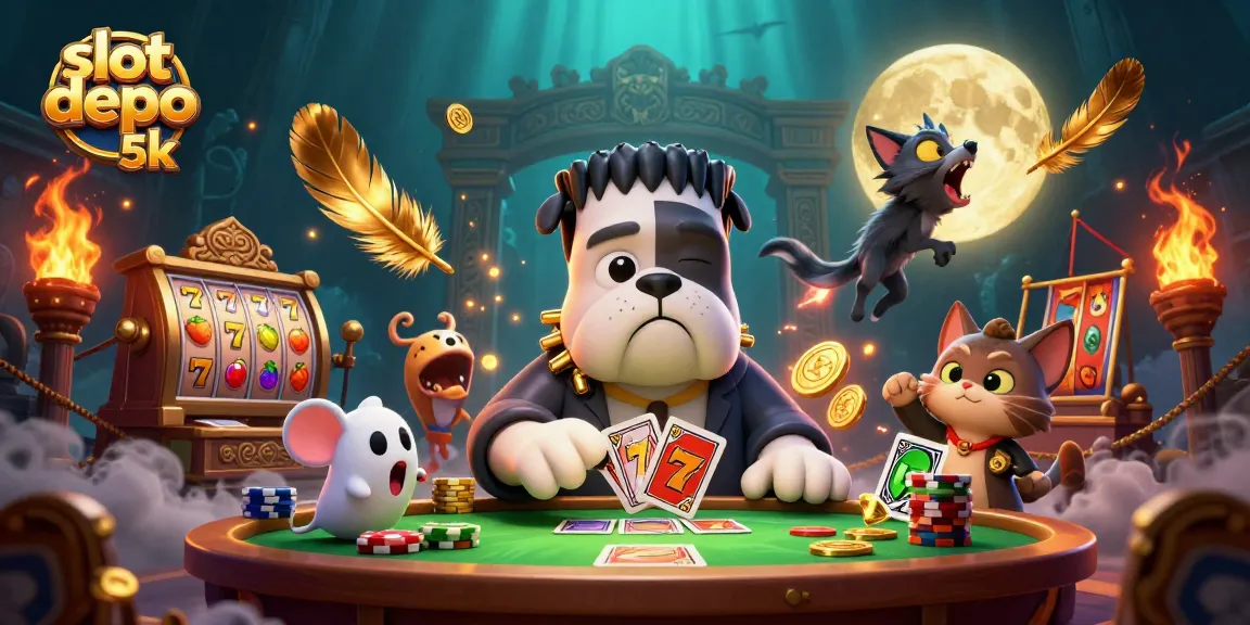 Engage with slot depo 5k's exciting elements featuring a Frankenstein bulldog and whimsical characters.