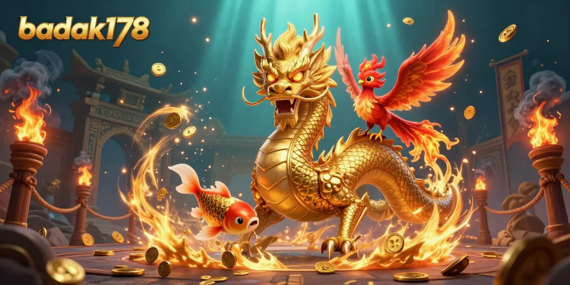 Explore exciting gaming adventures with badak178, featuring dragons and phoenixes in a vibrant casino scene.