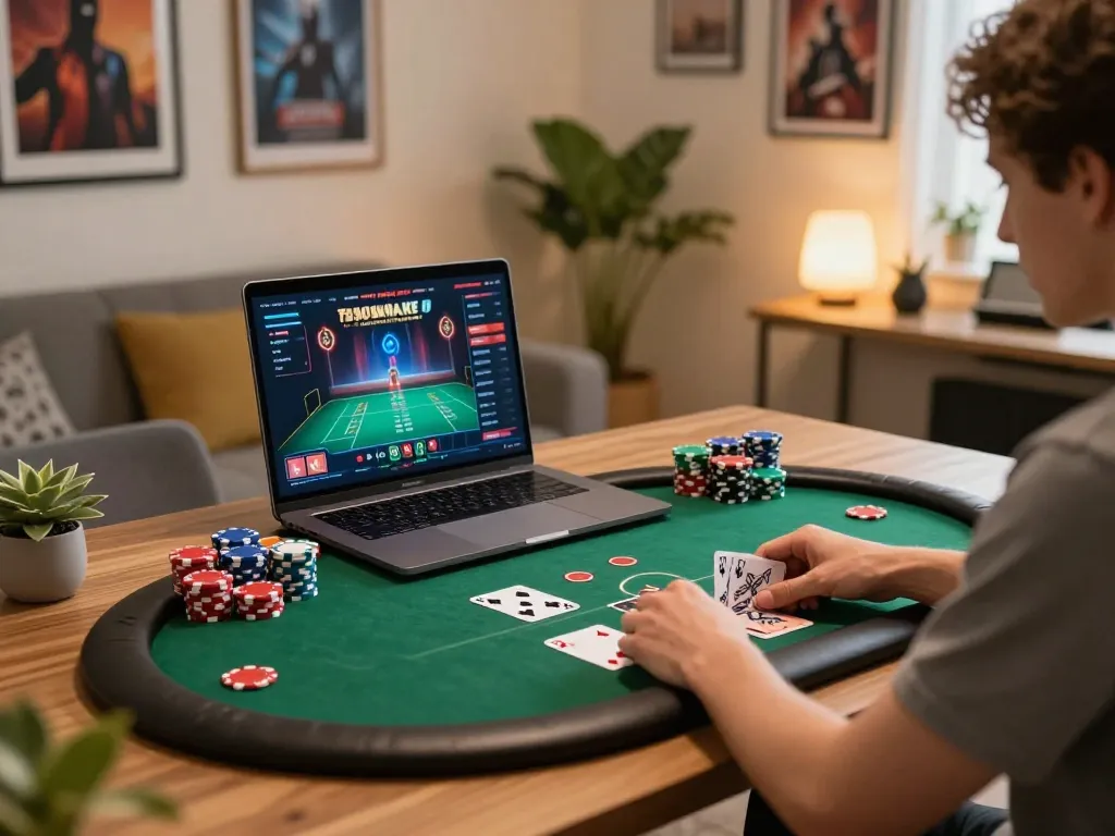 MPO08 player enjoying an online poker game in a cozy home office with vibrant setup.