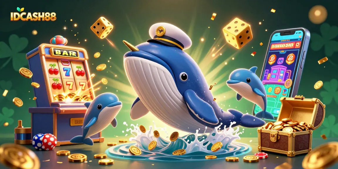 Experience thrilling gameplay with IDCASH88 as the cartoon whale breaching in a sea of coins with game elements