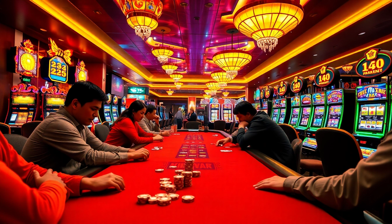 Permainan Miko69 di kasino dengan pemain bersemangat dan mesin slot berwarna cerah.