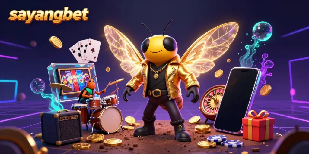 Experience the thrill of sayangbet with a vibrant 3D casino scene featuring a rock star cicada.