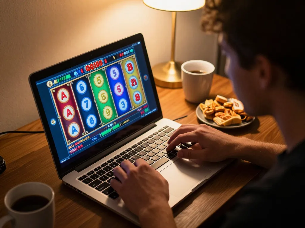 Pemain yang terlibat memutar Slot QQ188 di laptop selama sesi permainan nyaman di rumah
