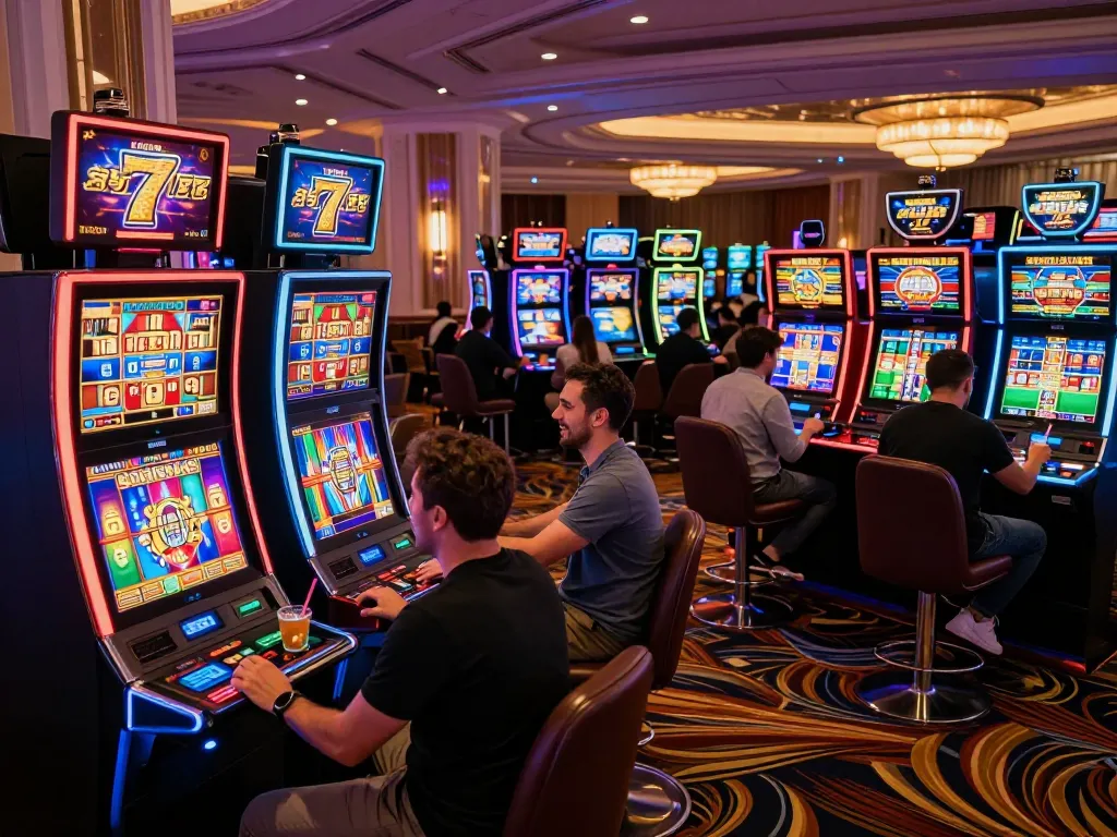 Players enjoying the thrill of slot777 games at a vibrant casino, with colorful machines and neon lights.