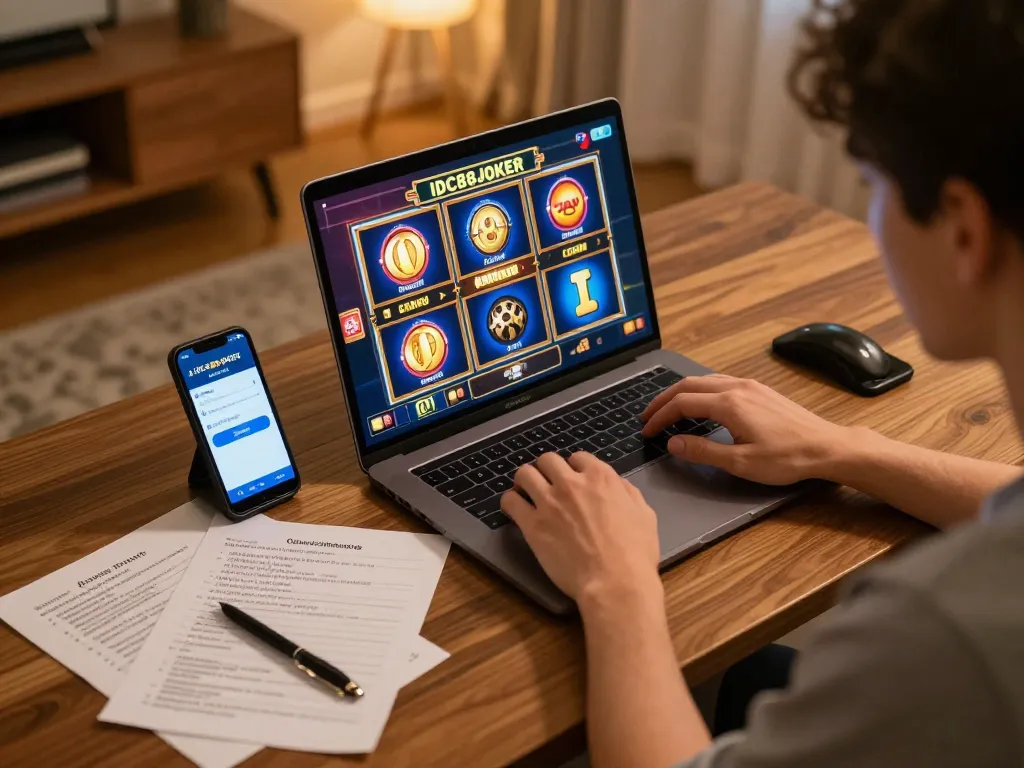 Engaging in IDC88JOKER online slot games with laptop and smartphone setup.