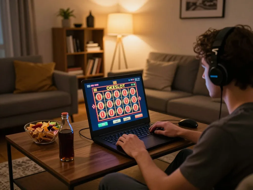Pemain menikmati slot online OKESLOT di laptop dalam suasana ruang tamu yang nyaman untuk permainan yang bertanggung jawab