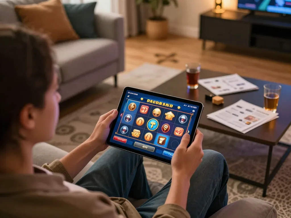 Pemain yang menikmati permainan slot apk di tablet sambil melacak strategi di pengaturan rumah yang nyaman.