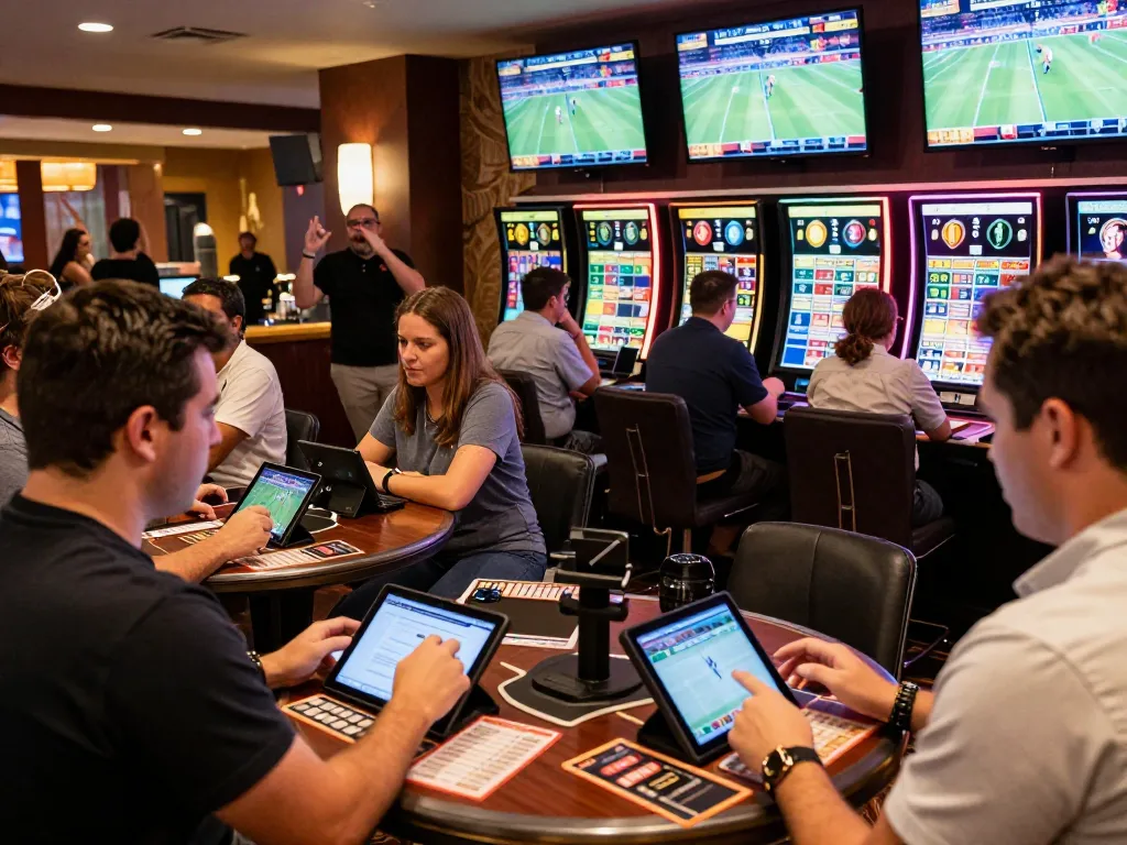 VA88 sports betting area vibrant with bettors analyzing odds and live event screens.
