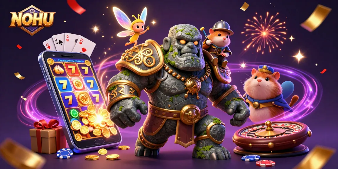 Experience the magic of NOHU with a vibrant, dynamic casino scene featuring colorful games and characters.