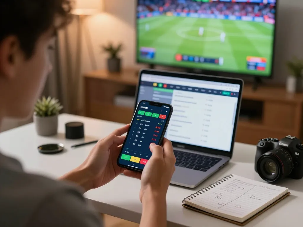Engaging moment of a kp88 user actively placing bets using a smartphone in a modern sports betting setup.