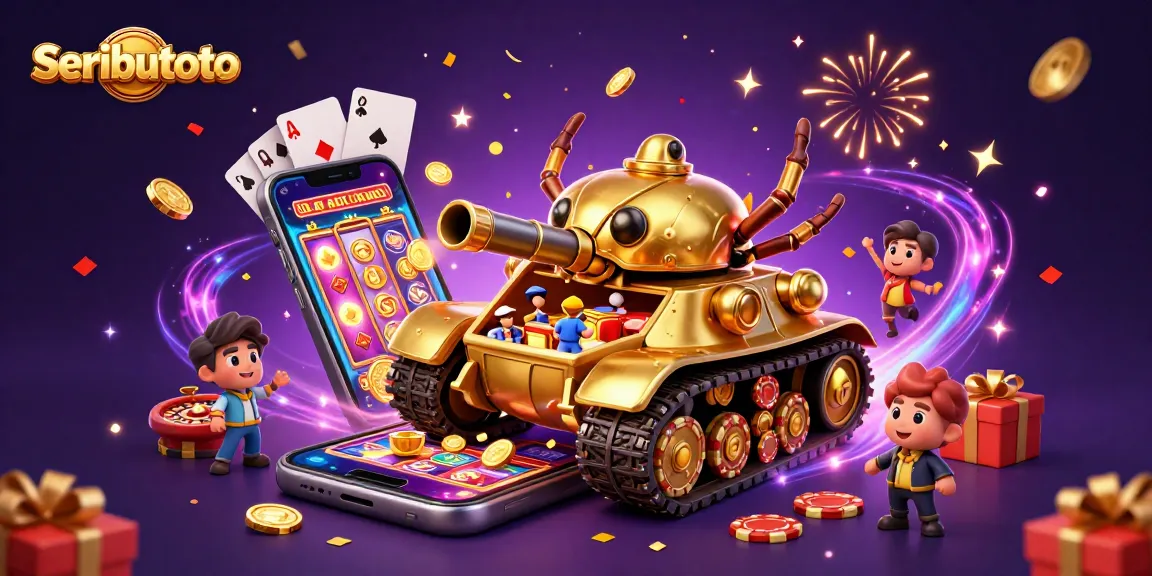 Seributoto enhances the casino experience with a vibrant 3D illustration showcasing lively gaming elements.