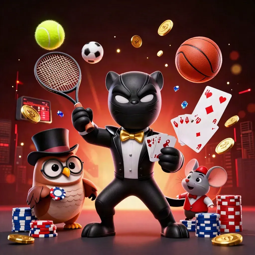 Panther, burung hantu, dan tikus kartu di ledakan tie-break tenis dengan koin dan chip emas.