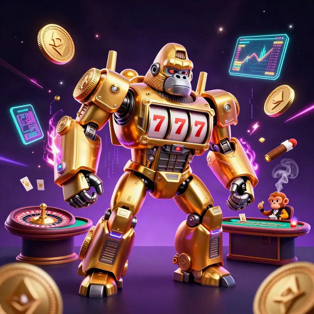 Gorila mech emas dan monyet kecil di kasino neon, dikelilingi koin kripto dan energi listrik.